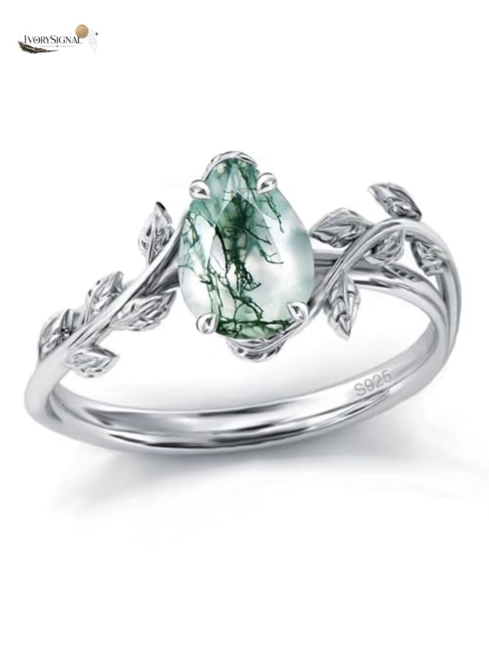Natural Moss Agate Pear Ring 925 Sterling Silver Solitaire Engagement Birthstone